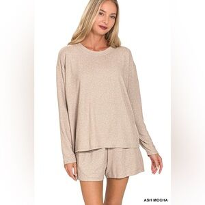 Zenana Soft Melange Long Sleeve Tee and Shorts Set